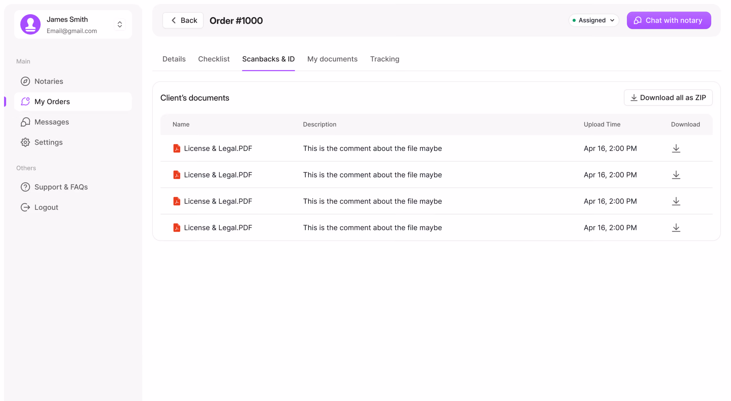 Order creation screen for booking a mobile notary