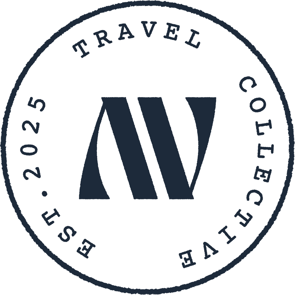 Circular travel company stamp with stylized M and W letters in the center and text around the edge reading Travel Collective Est. 2025.