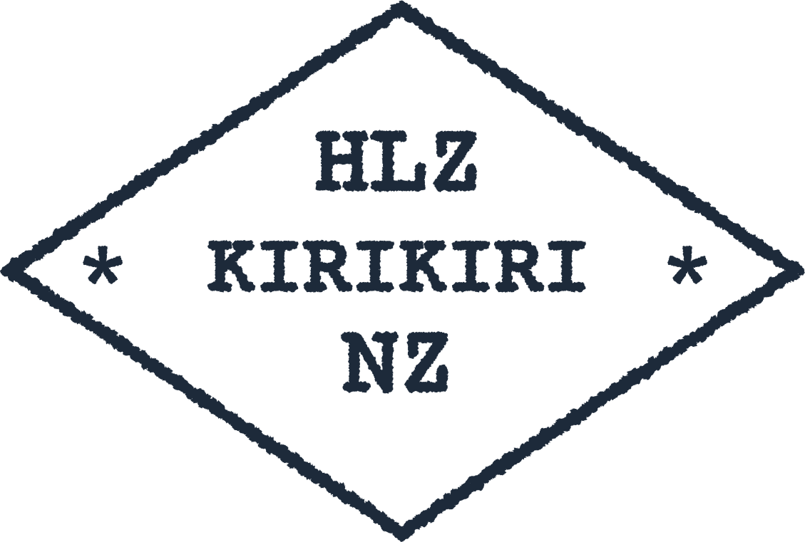Diamond-shaped stamp with the text 'HLZ KIRIKIRI NZ' and asterisk symbols on each side.
