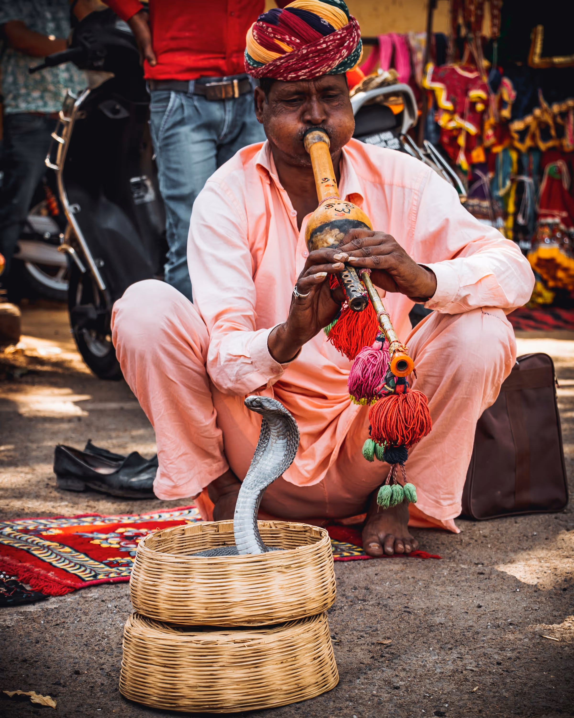 Snake charmer wearing a colorful turban and pink outfit playing a pungi to a cobra rising from a woven basket.