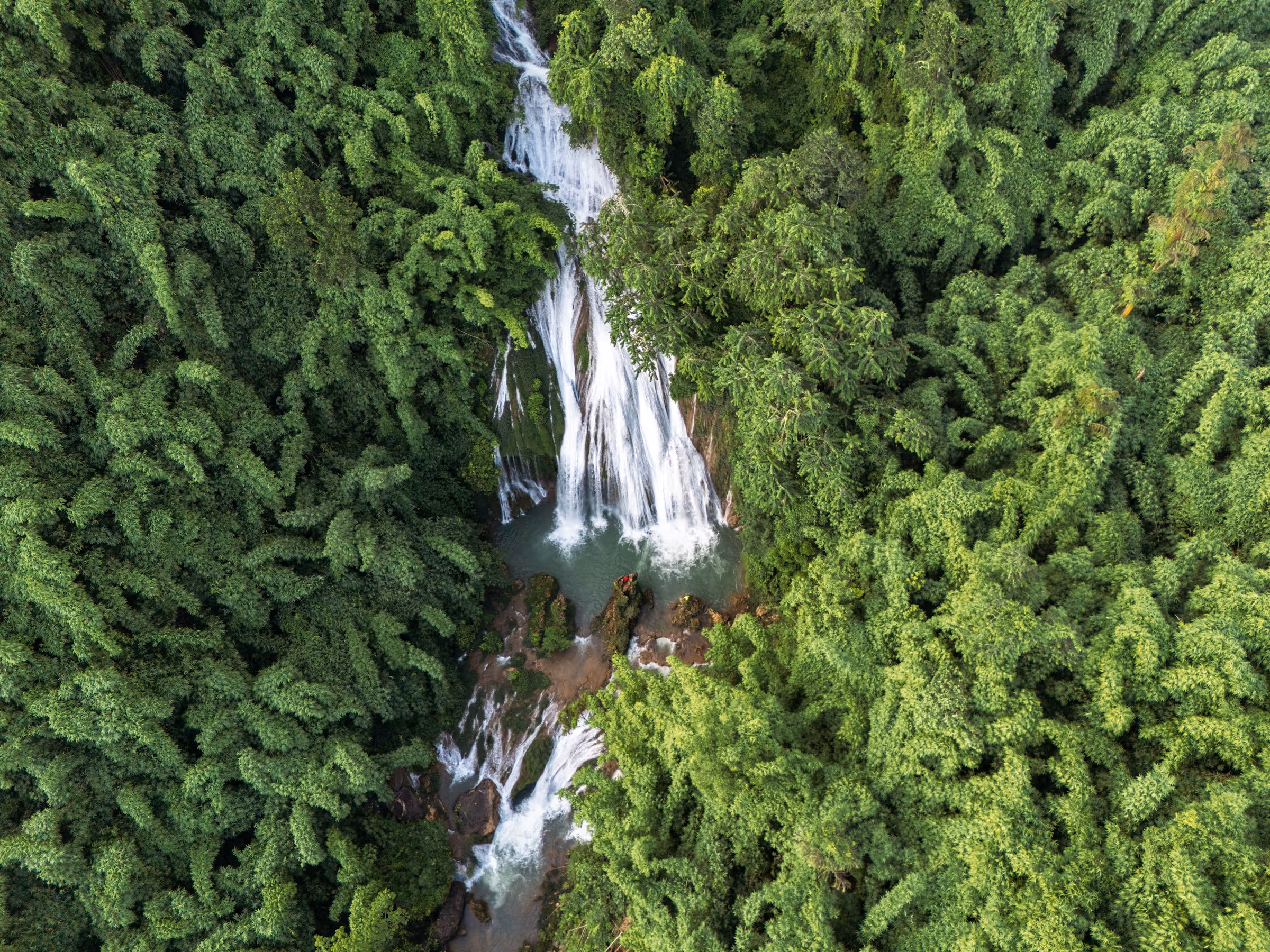 Aerial view of a waterfall surrounded by dense green forest and flowing into a rocky river.