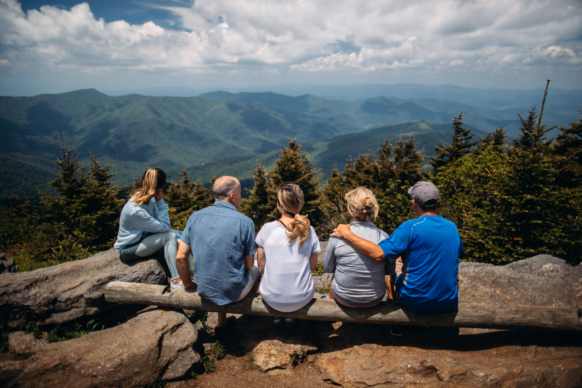 Five people sitting on a wooden log bench overlooking a vast mountain landscape with pine trees and cloudy sky.
