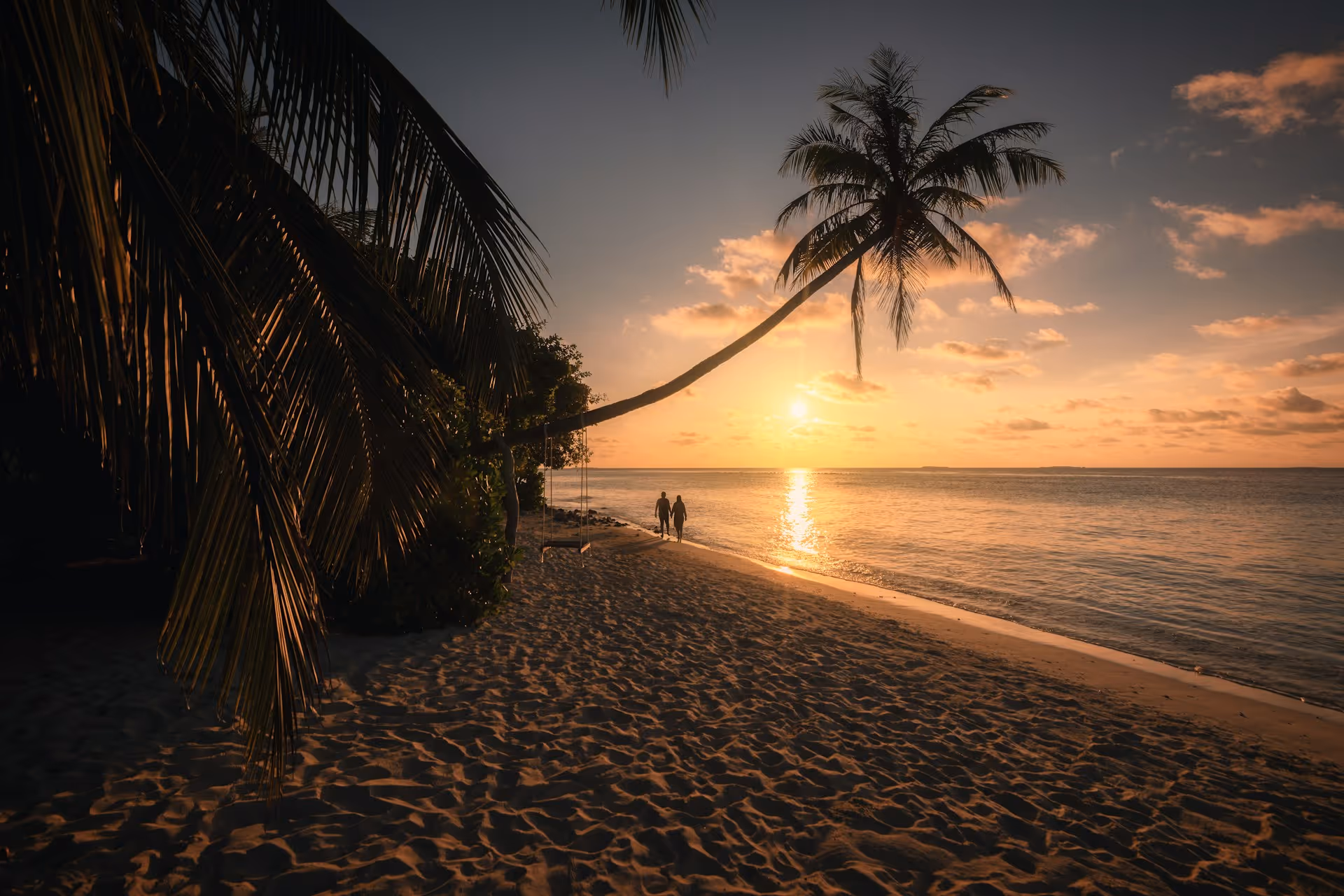 Couple holding hands walking on a sandy beach during sunset with palm trees in the foreground.