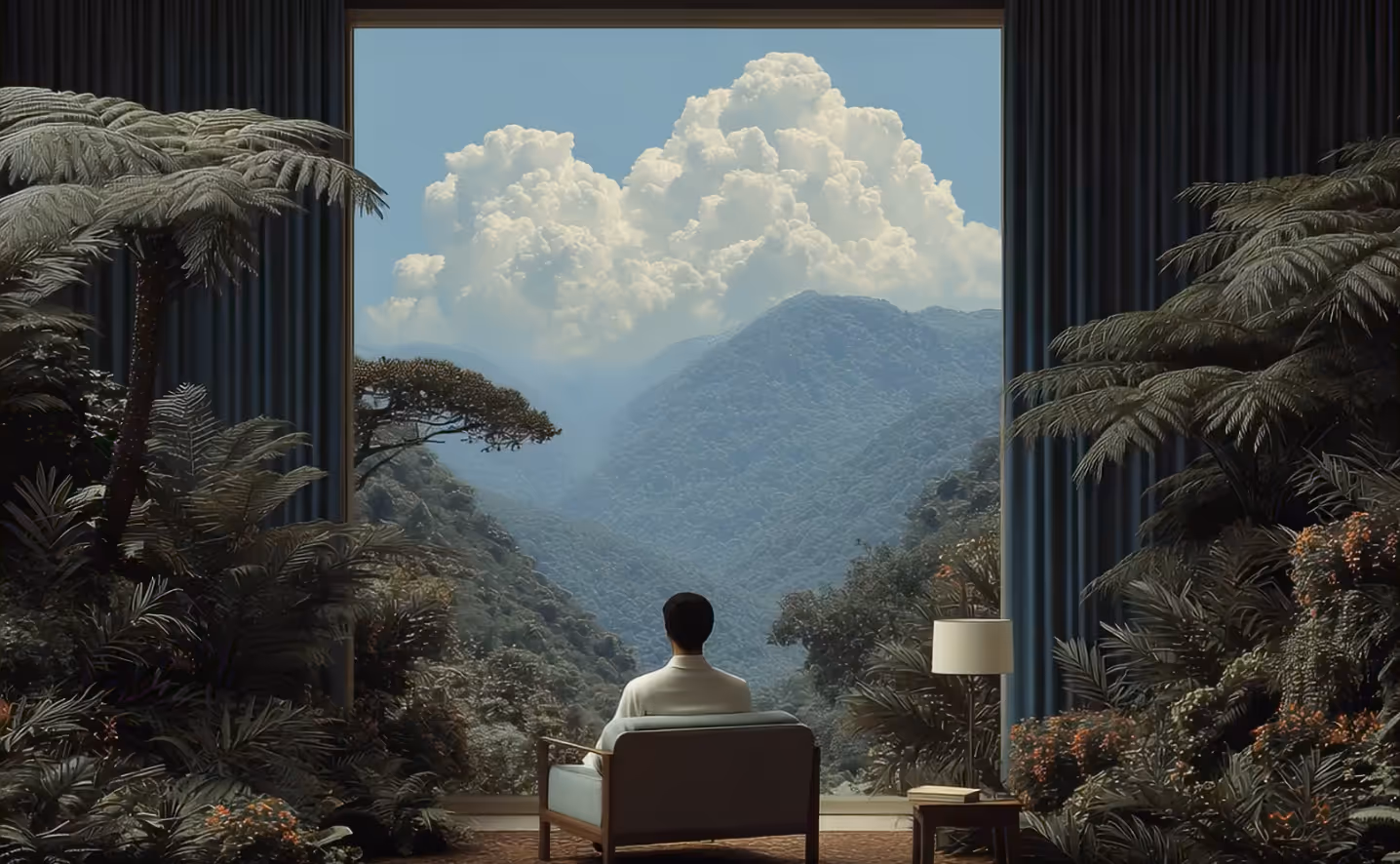 Person sitting on a chair indoors, looking out a large window at lush green mountains and fluffy white clouds under a blue sky.