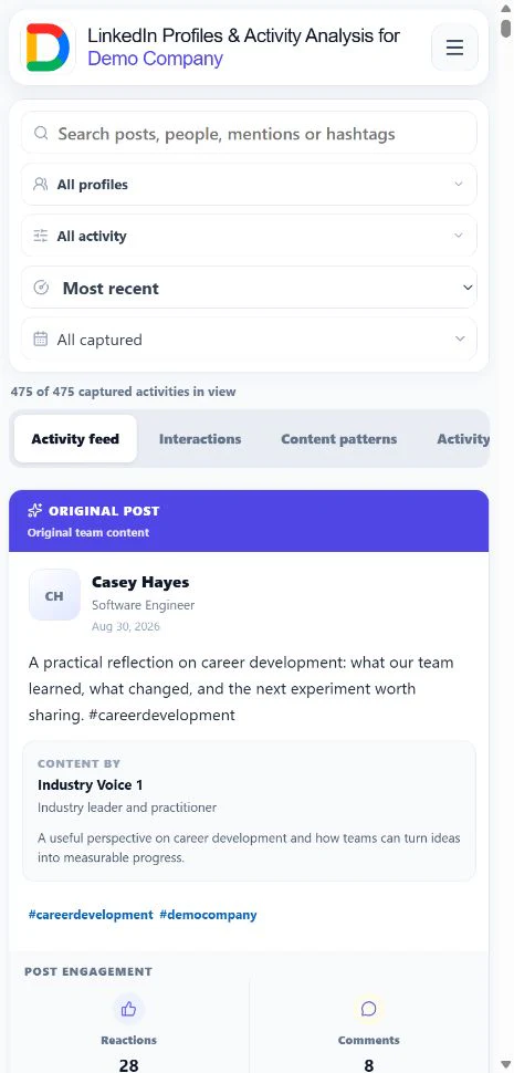 Activity feed with profile, activity type, date, search, sorting controls, and a public post example.