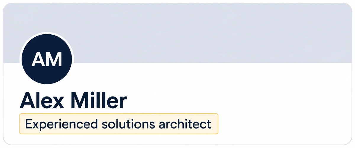 Example Alex Miller profile. The highlighted headline reads Experienced solutions architect and does not mention a company.