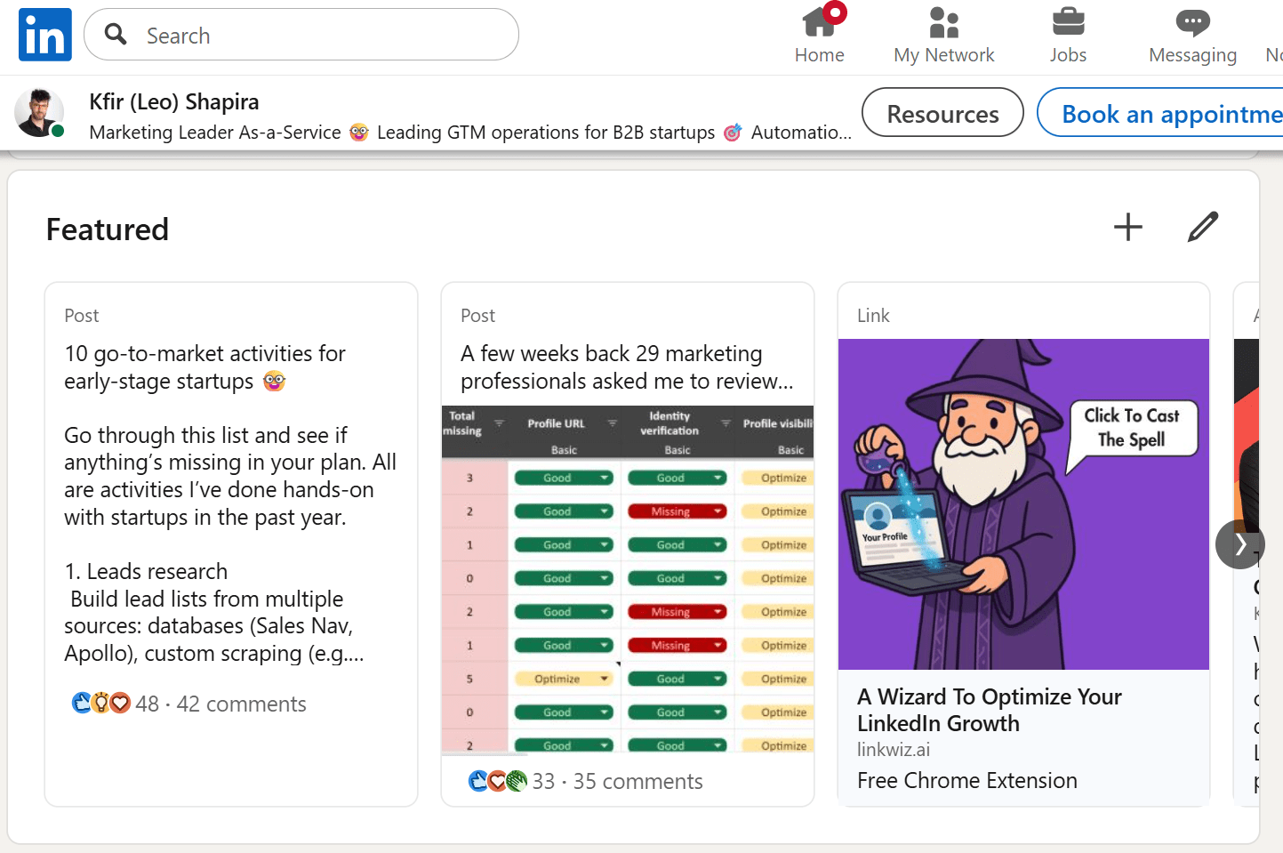 The featured sections in the profile of the creator of Linkwiz- Kfir (Leo) Shapira
