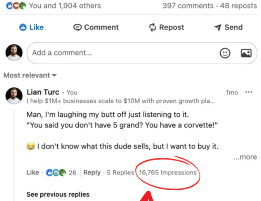 Lian Turc’s LinkedIn comment with 26 reactions, five replies and 16,765 impressions circled.