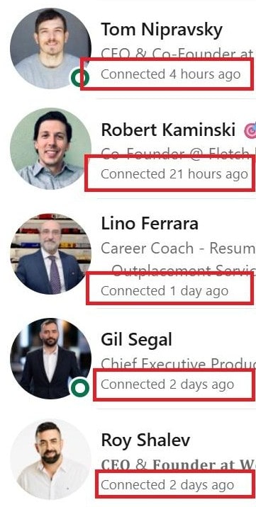 LinkedIn Connections list showing when each person connected.