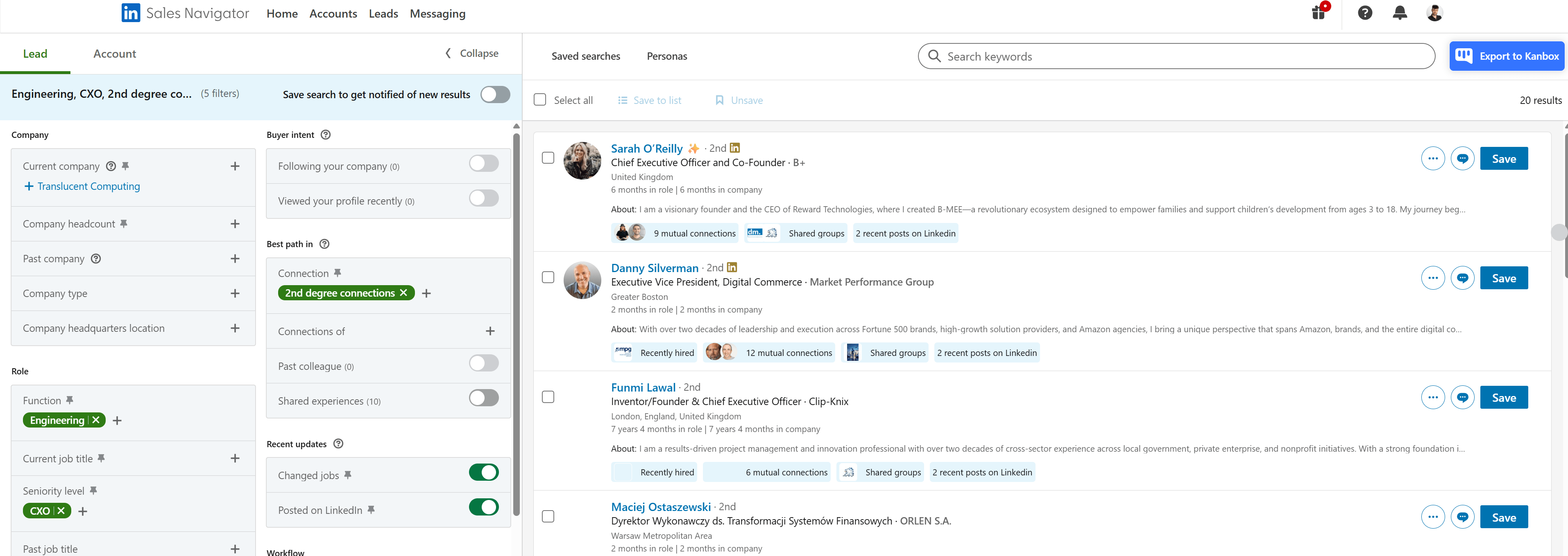 Sales Navigator search filters for people who changed roles or recently posted.