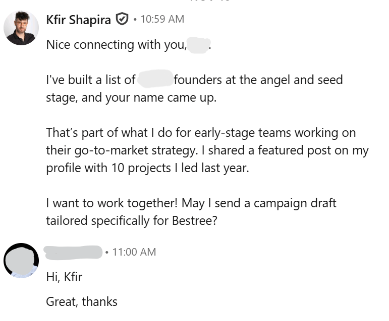 LinkedIn direct offer message and the recipient’s reply.