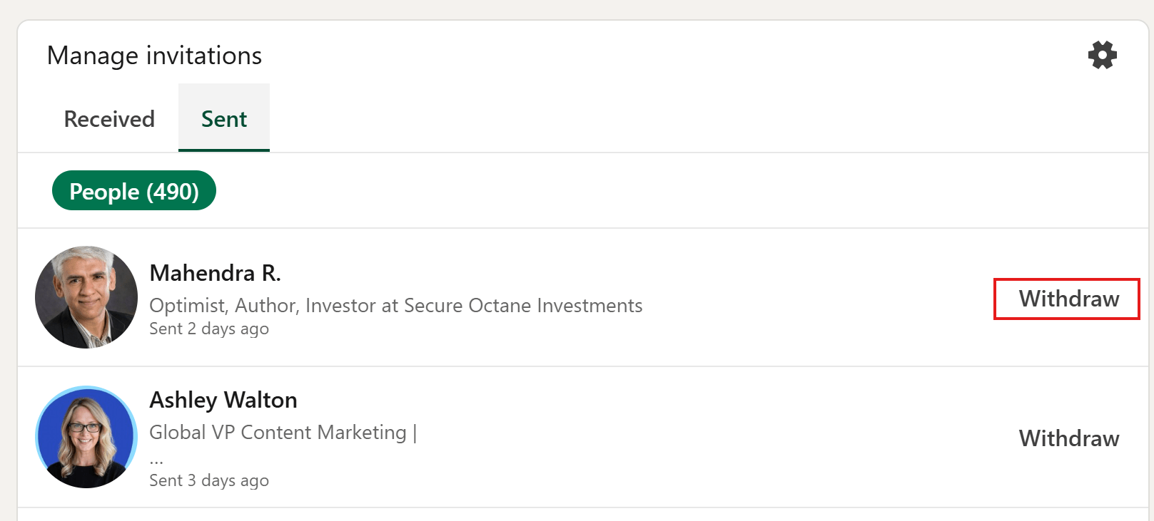 LinkedIn Sent invitations list with a Withdraw option beside an unanswered invitation.