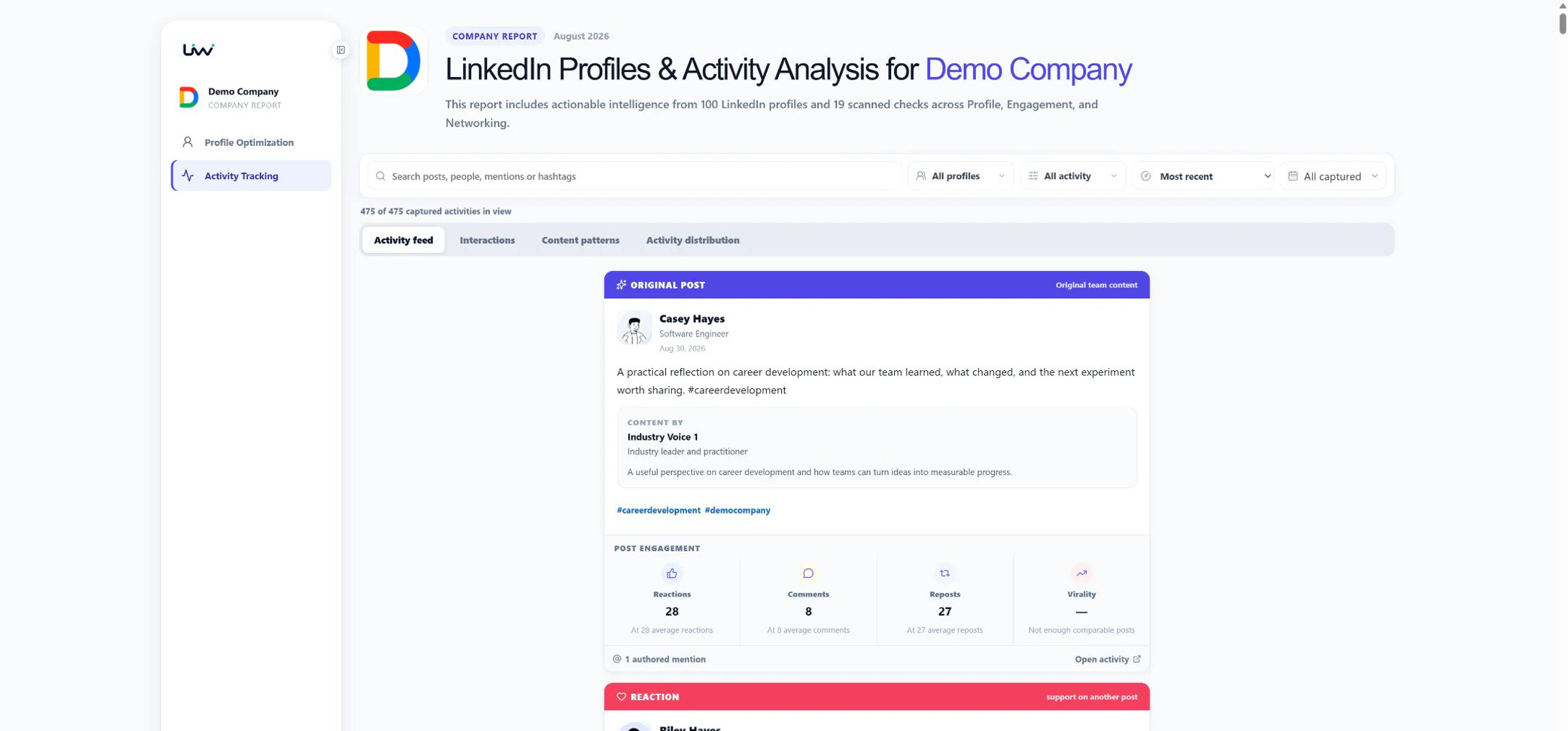 Filtered Linkwiz activity feed showing public LinkedIn evidence behind an interaction.