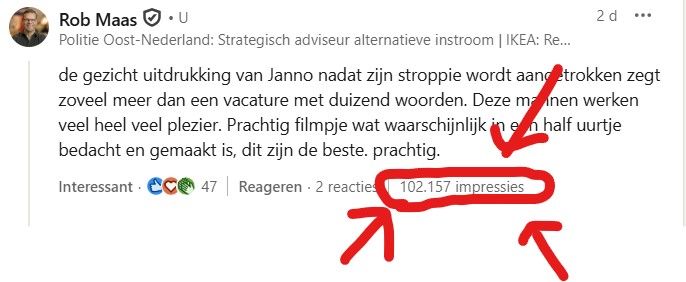 Rob Maas comments in Dutch on a moment in a recruitment video. His screenshot shows 47 reactions, two replies and 102,157 impressions.