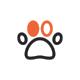Stylized paw print icon with three orange toe pads and two black toes surrounding a black paw pad.