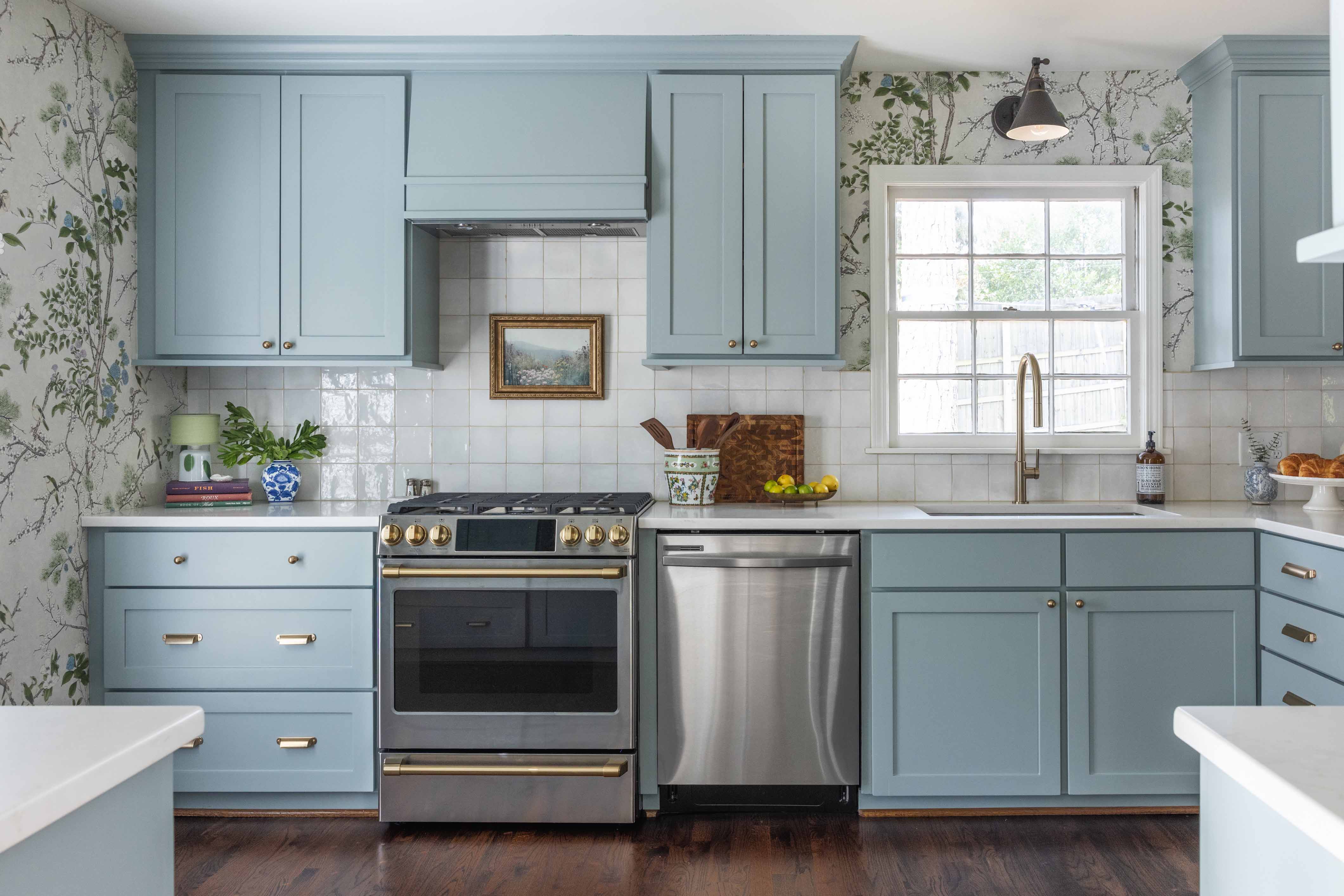 A staged Blue Kitchen
