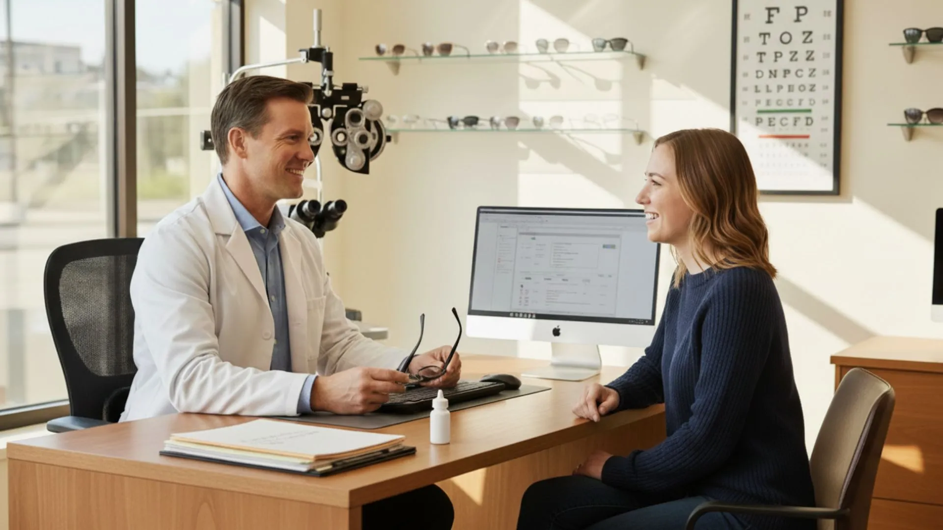Doctor discussing eye exam results for ophthalmic care support