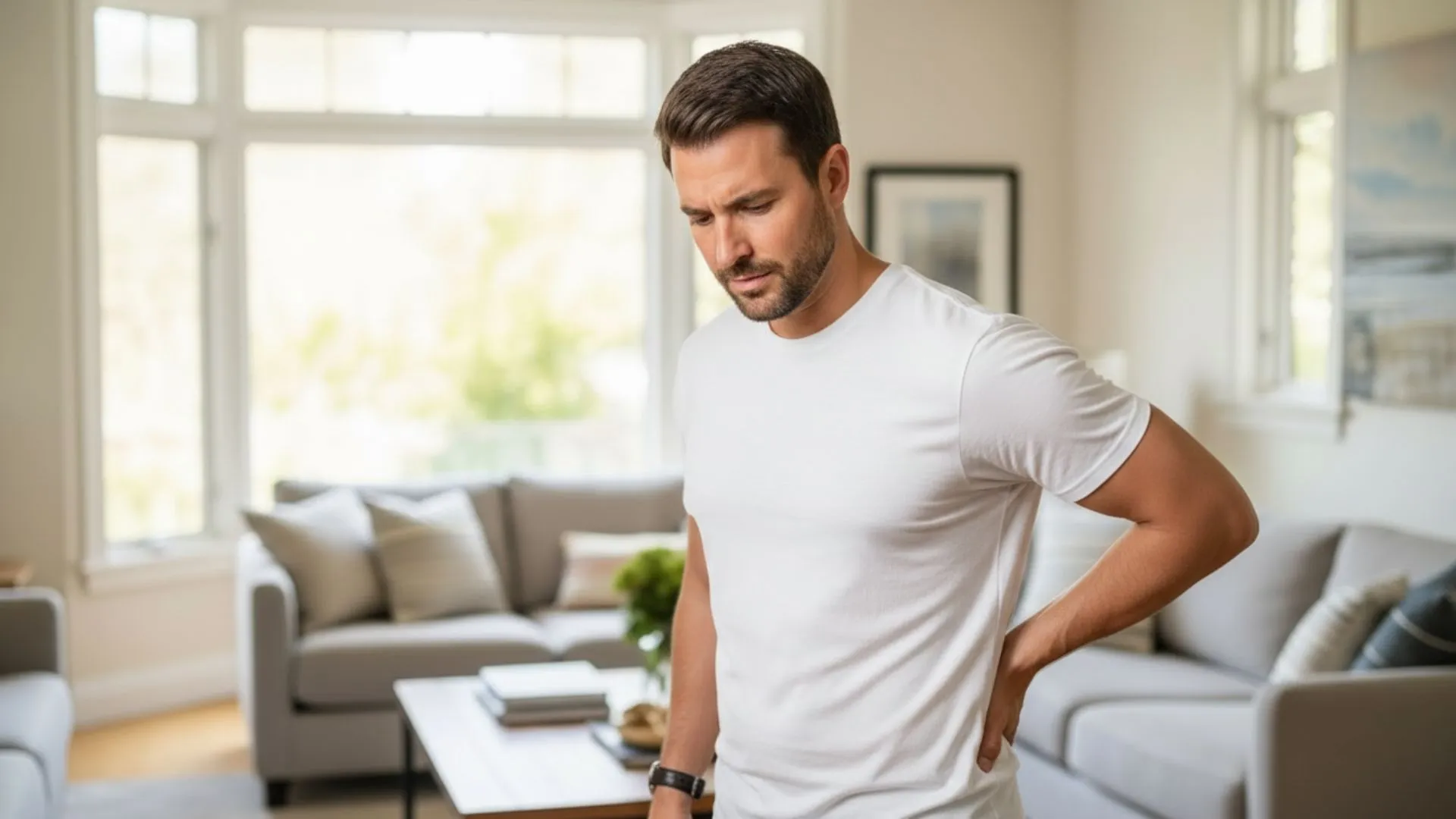 Man holding his elbow representing pain management support from Thesis Pharmacy