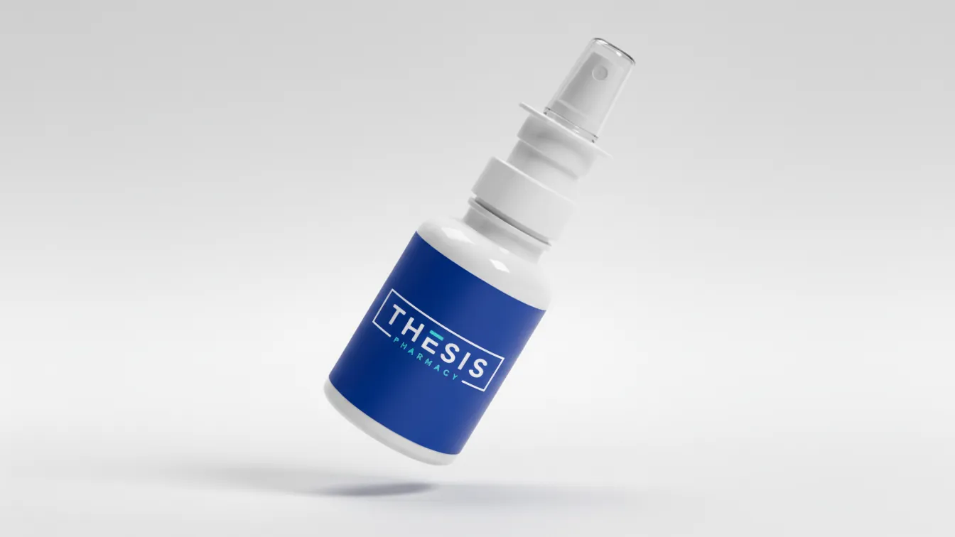 Thesis Pharmacy nasal spray bottle with blue prescription label