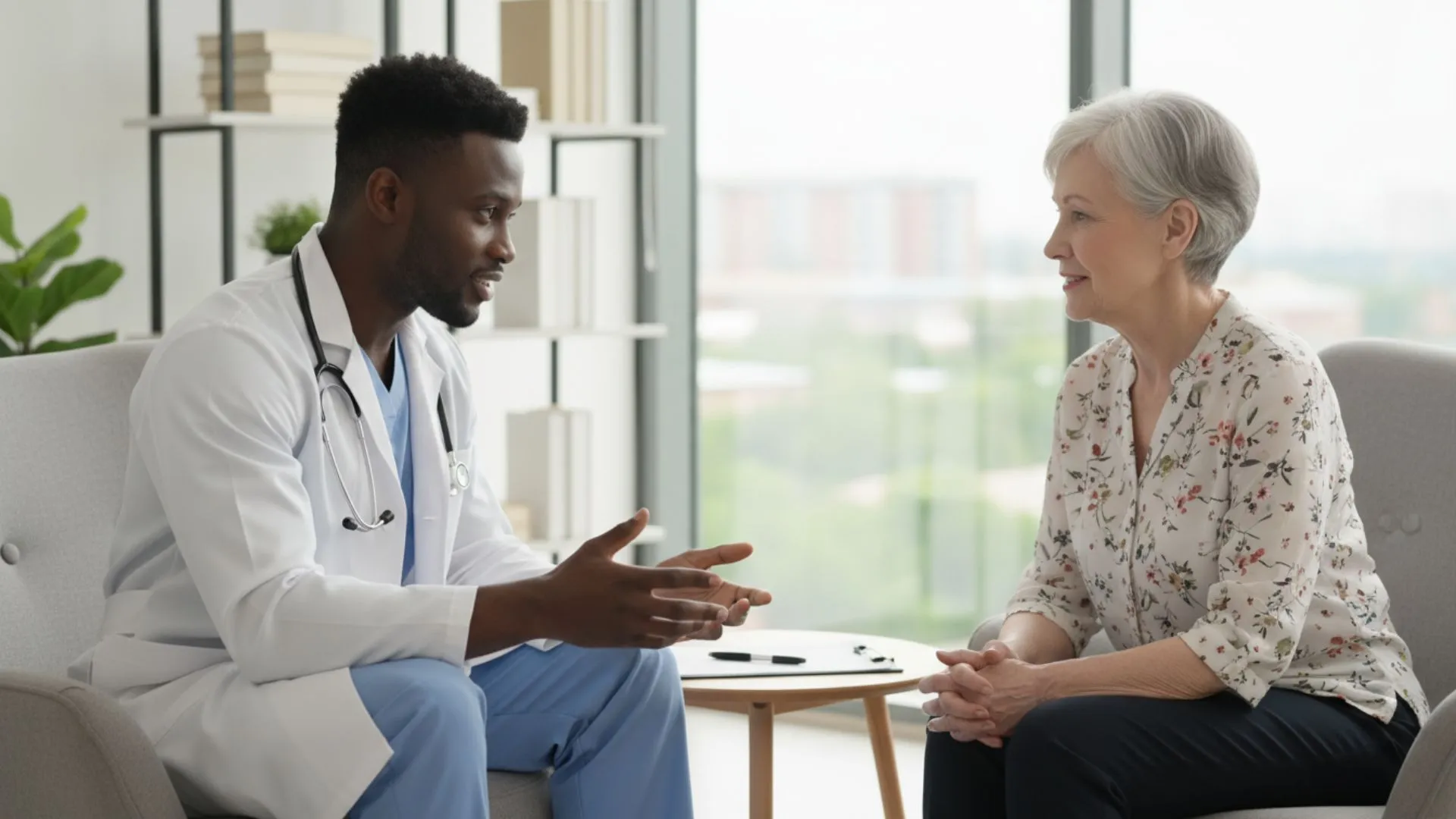 Doctor speaking with an older patient about personalized pharmacy care at Thesis Pharmacy