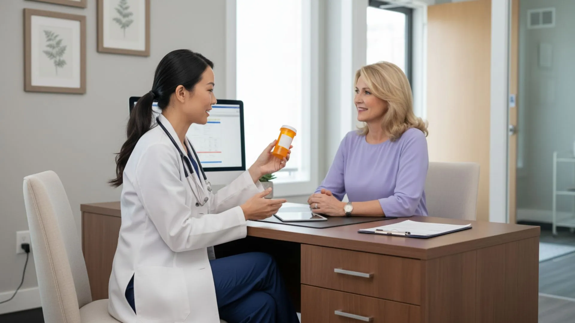 Female doctor discussing prescription medication for women’s wellness care