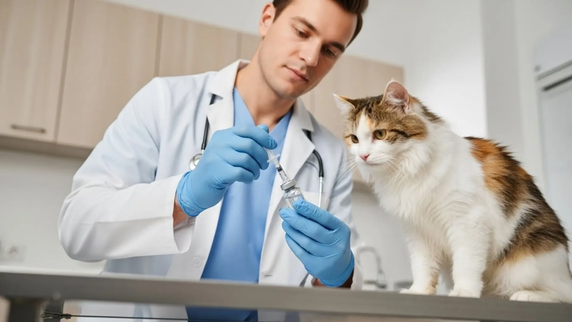 Veterinarian examining a cat for custom pet medication support from Thesis Pharmacy