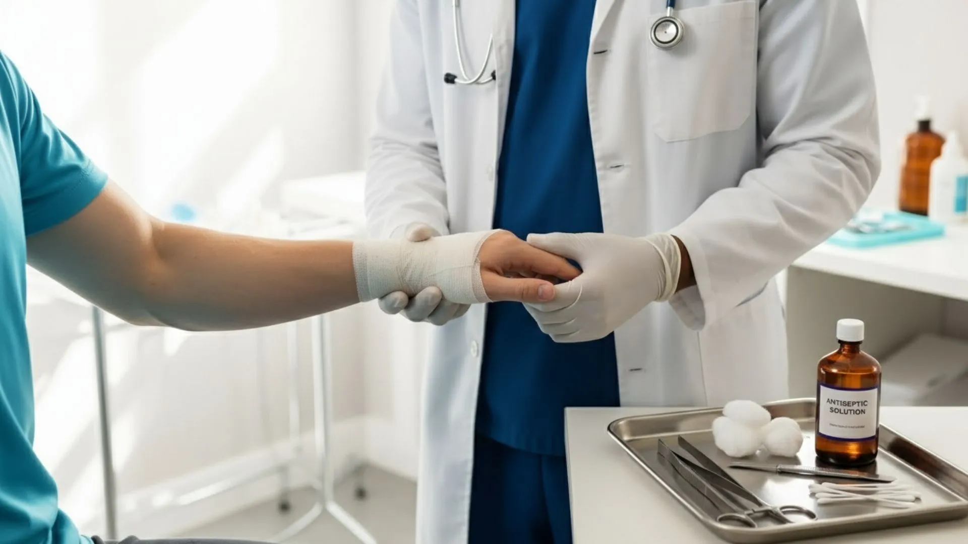 Doctor examining a bandaged hand for wound care support from Thesis Pharmacy