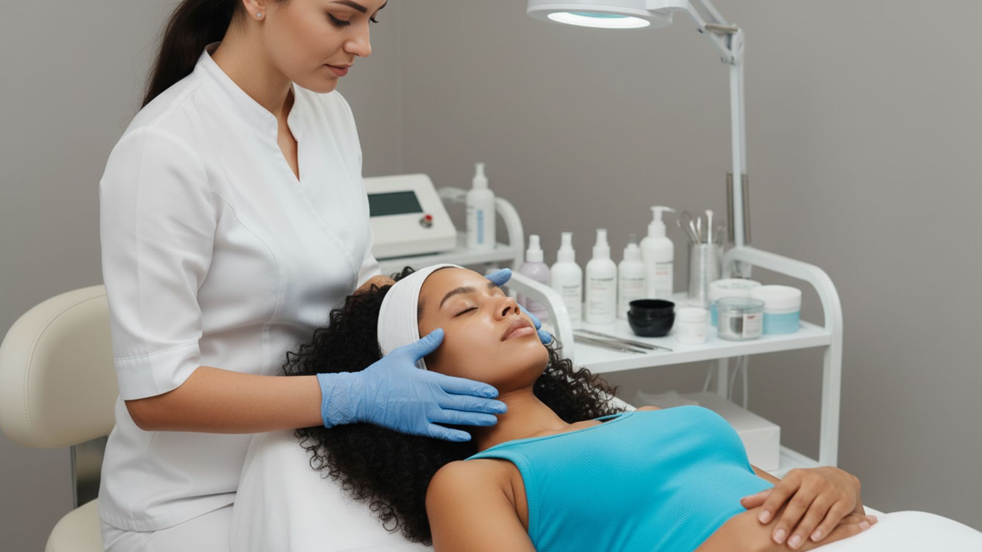 Esthetician wearing blue gloves gently touching the face of a relaxed woman lying on a treatment table in a skincare clinic.