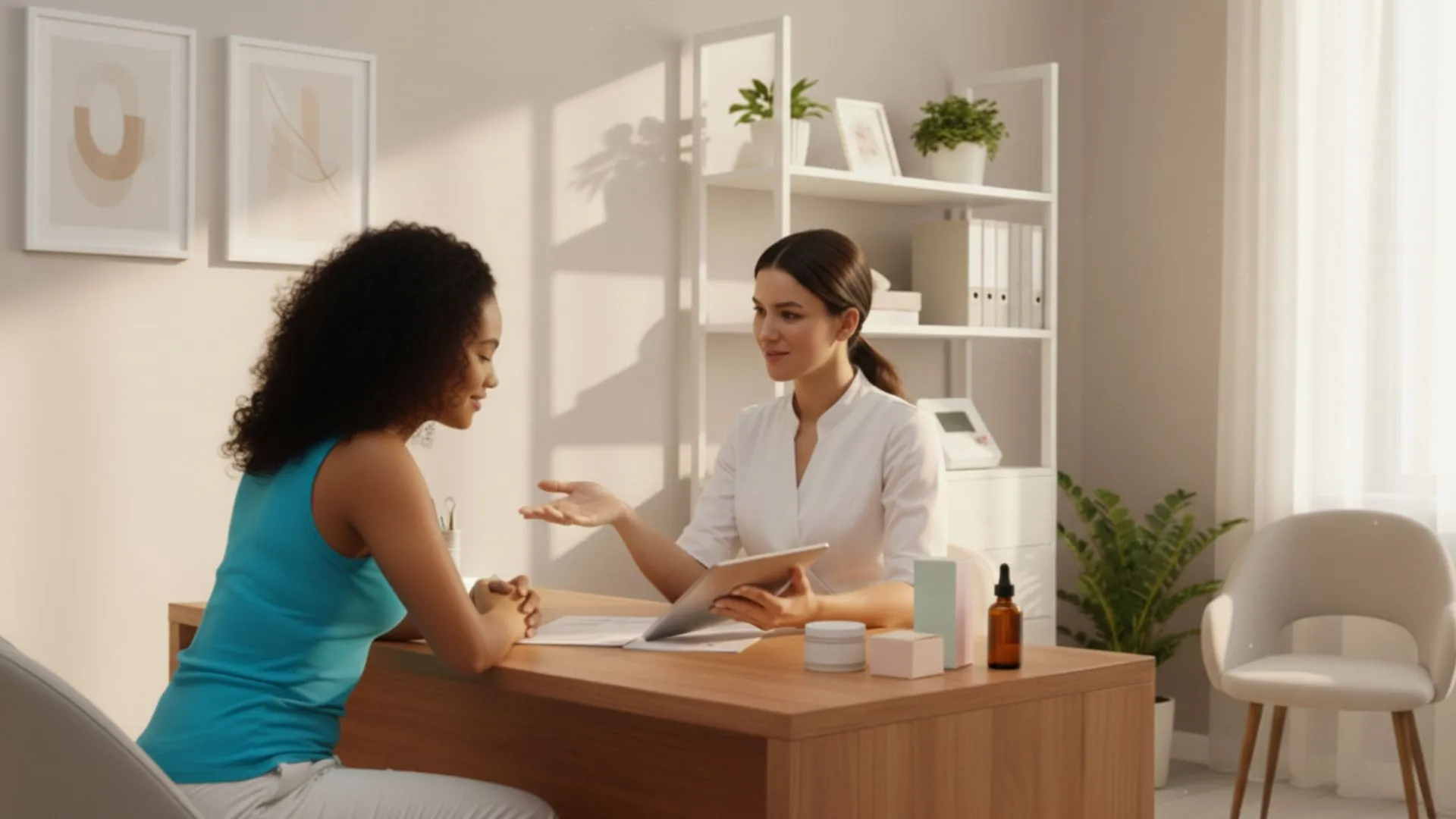 A female healthcare professional consulting with a female patient at a wooden desk in a bright office.