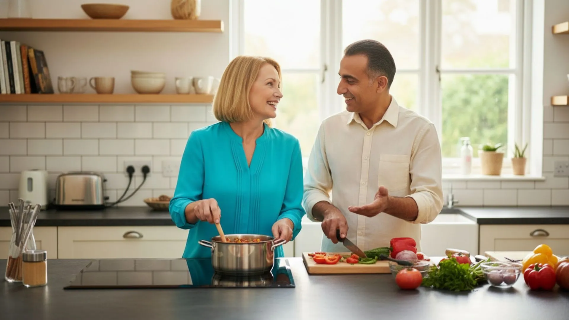 Couple preparing healthy food for hormone wellness support from Thesis Pharmacy