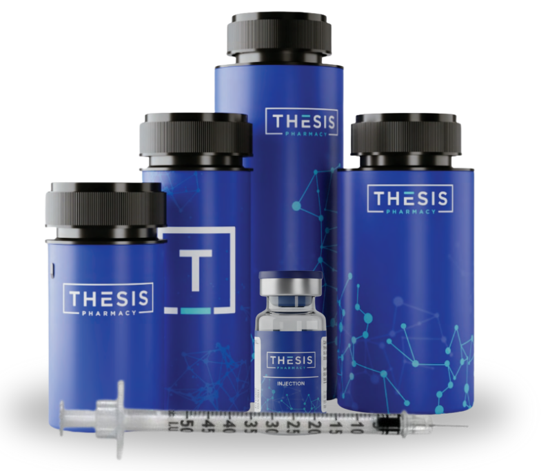 Five blue pharmacy containers labeled Thesis Pharmacy, including bottles and a vial, with a syringe placed in front.