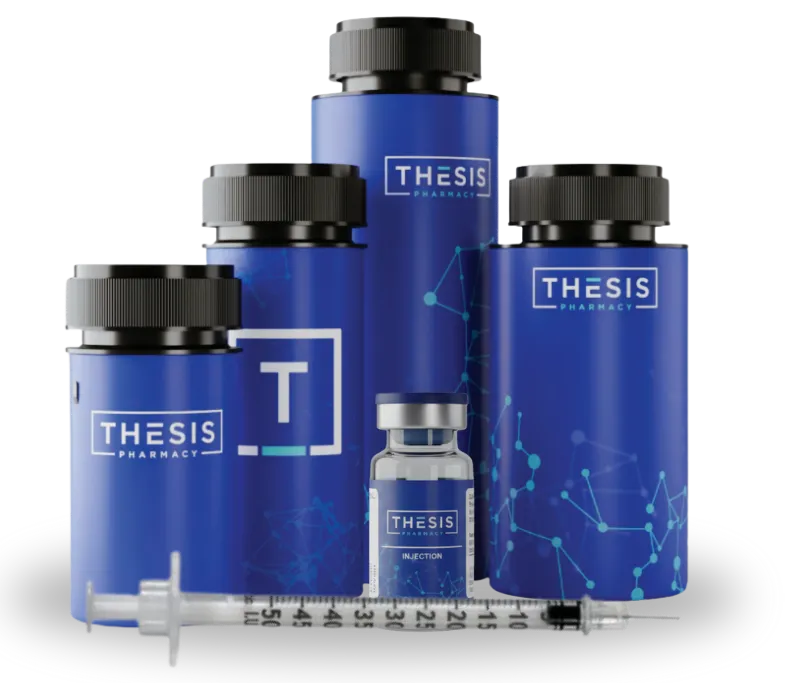 Thesis Pharmacy prescription bottles and vial with blue labels