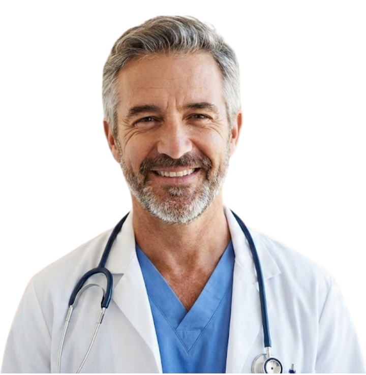 Smiling middle-aged male doctor wearing a white coat, blue scrubs, and a stethoscope around his neck.