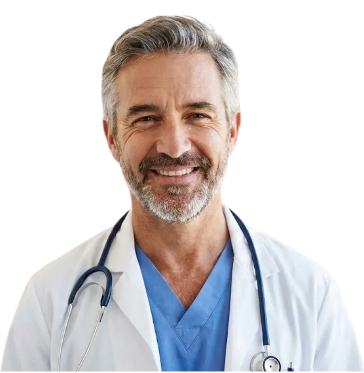 Smiling middle-aged male doctor wearing a white coat, blue scrubs, and a stethoscope around his neck.