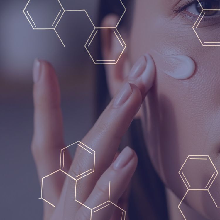 Close-up of a person applying cream on their cheek with hexagonal graphics overlay.