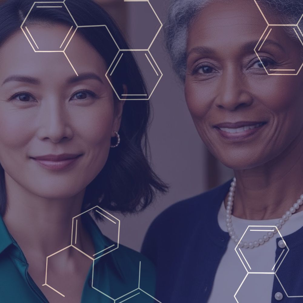 Smiling younger woman with hand on shoulder of smiling older woman, overlaid with scientific hexagon graphics.