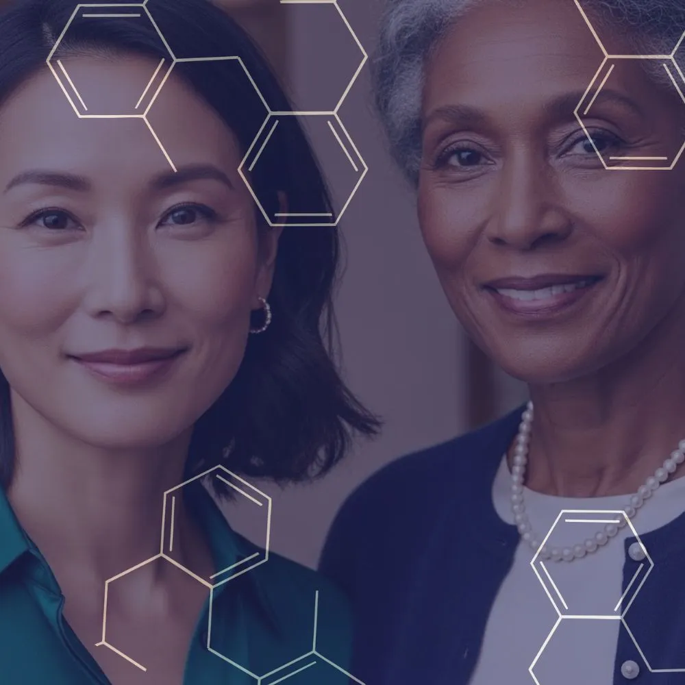 Smiling younger woman with hand on shoulder of smiling older woman, overlaid with scientific hexagon graphics.
