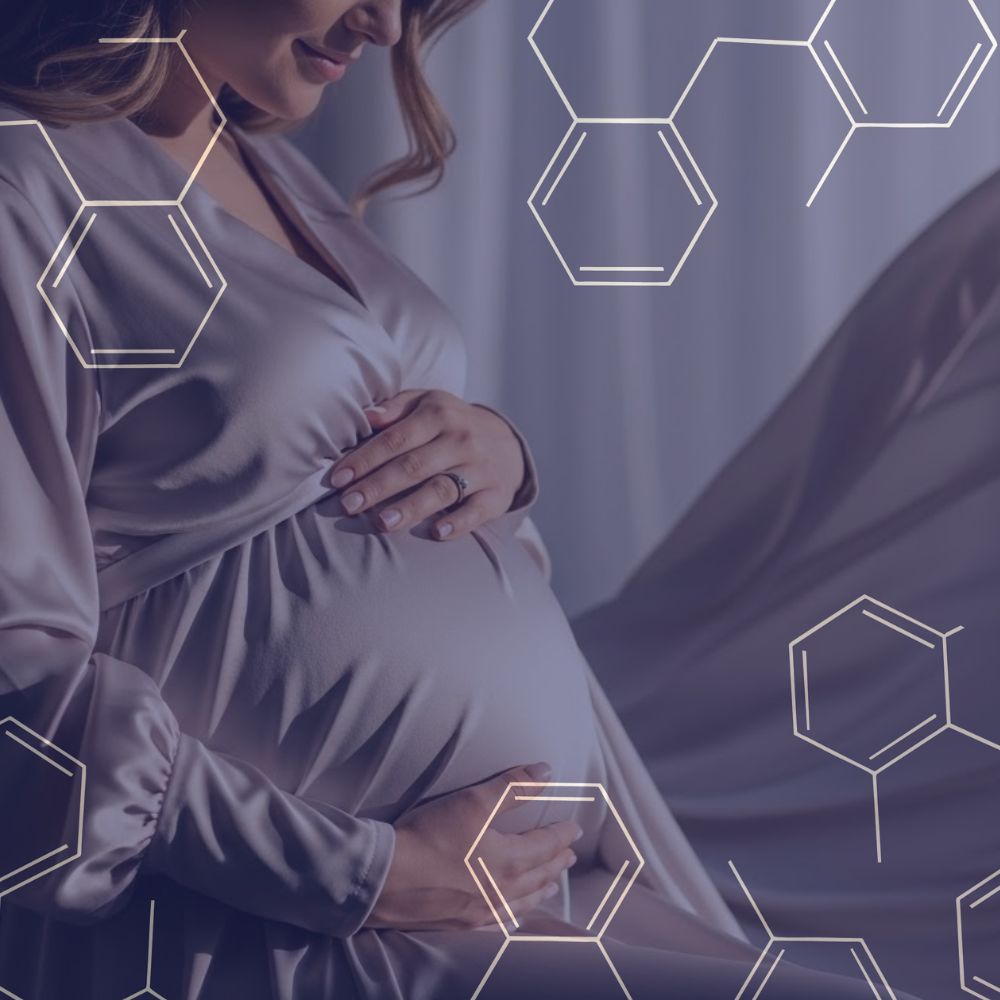 Pregnant woman gently cradling her belly surrounded by faint chemical structure illustrations.