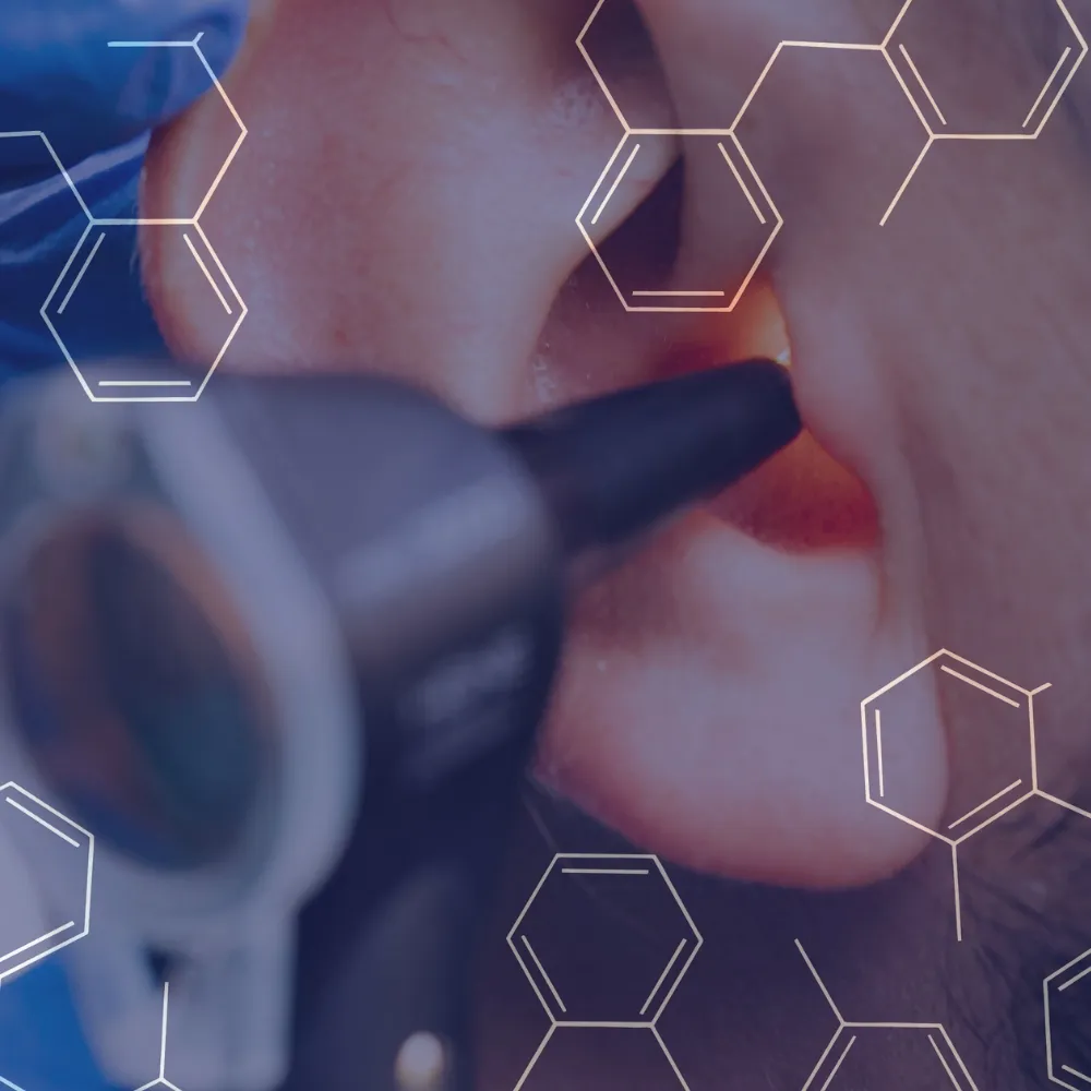 Close-up of a medical professional examining a person's ear with an otoscope, overlaid with faint hexagonal chemical structures.