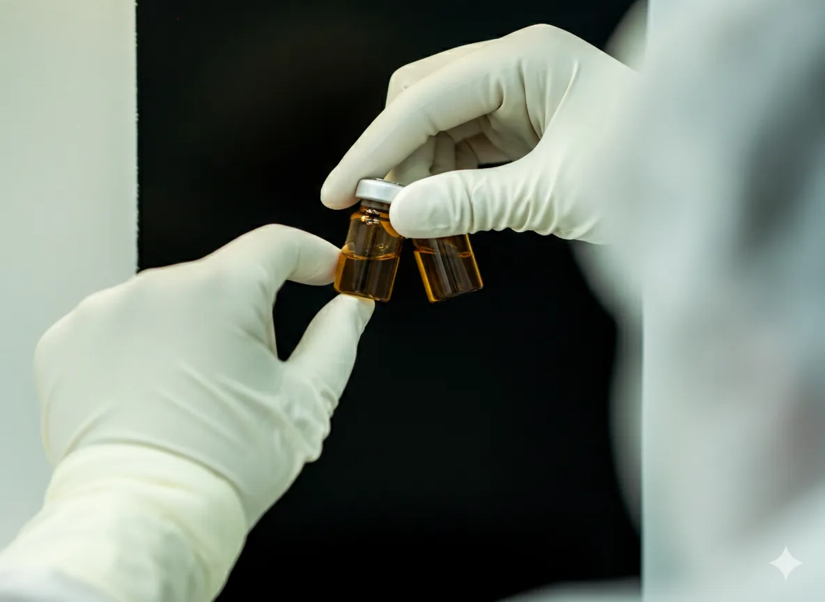 Hands in white gloves holding two small medicine vials with orange liquid against a dark background.