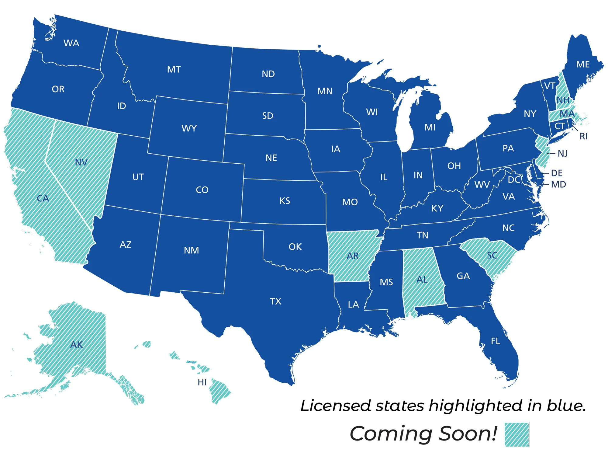 Map of US states with licensed states in solid blue and coming soon states in blue stripes.