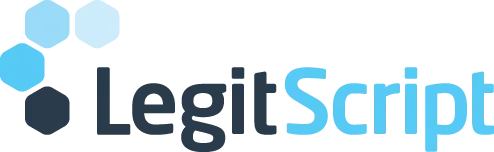LegitScript logo with black and blue text and hexagonal blue icon.