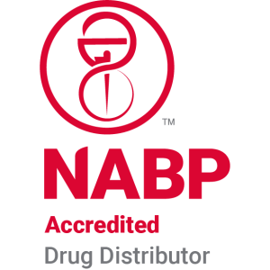 NABP Accredited Drug Distributor red logo with a stylized mortar and pestle inside a circle.