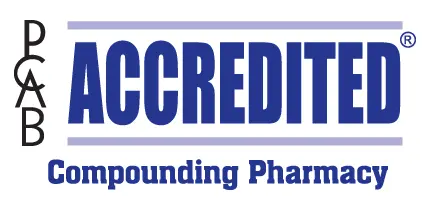 PCAB Accredited Compounding Pharmacy logo with blue text and purple lines.