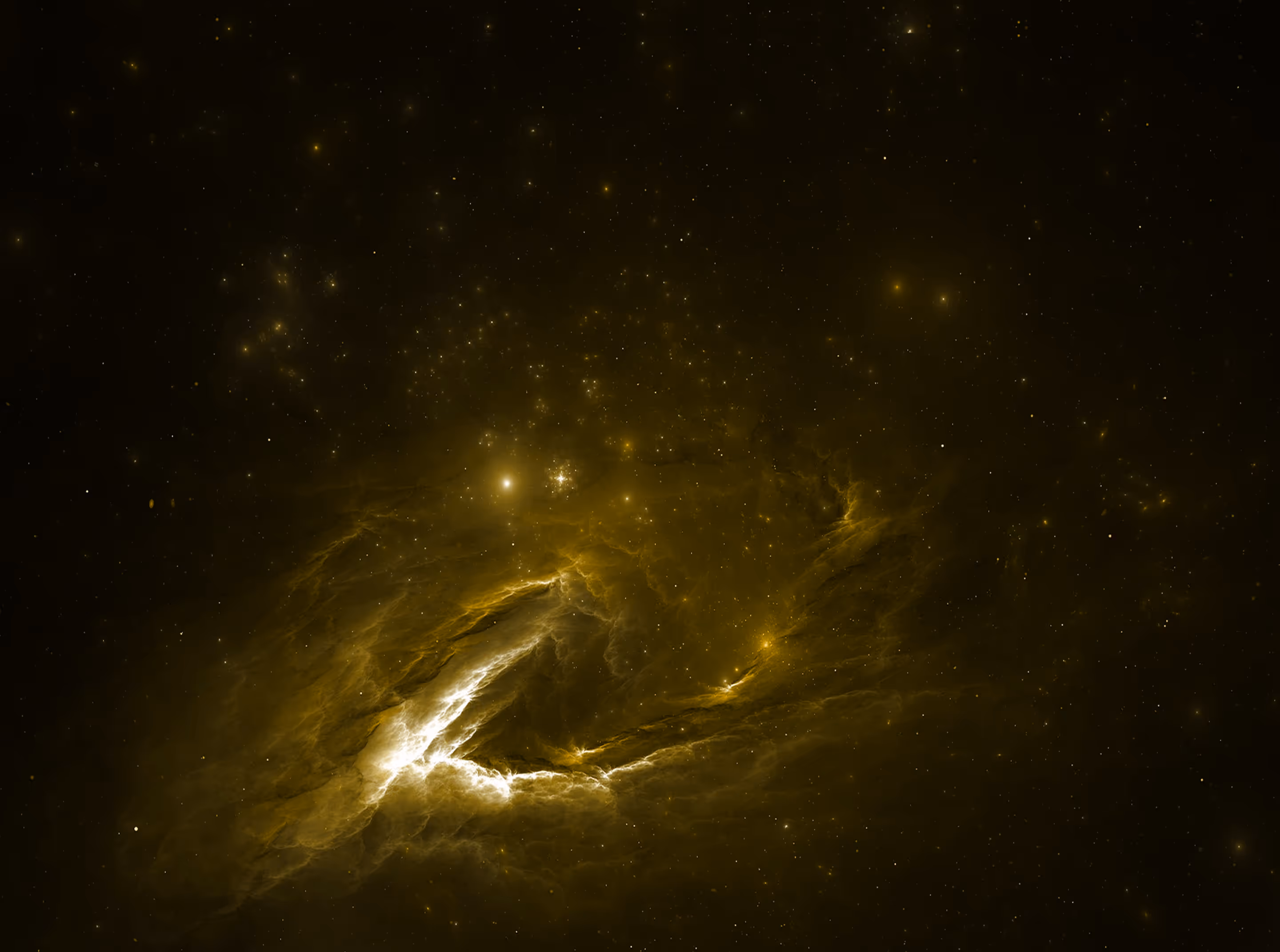 Yellow-tinted image of a glowing nebula with stars scattered throughout space.