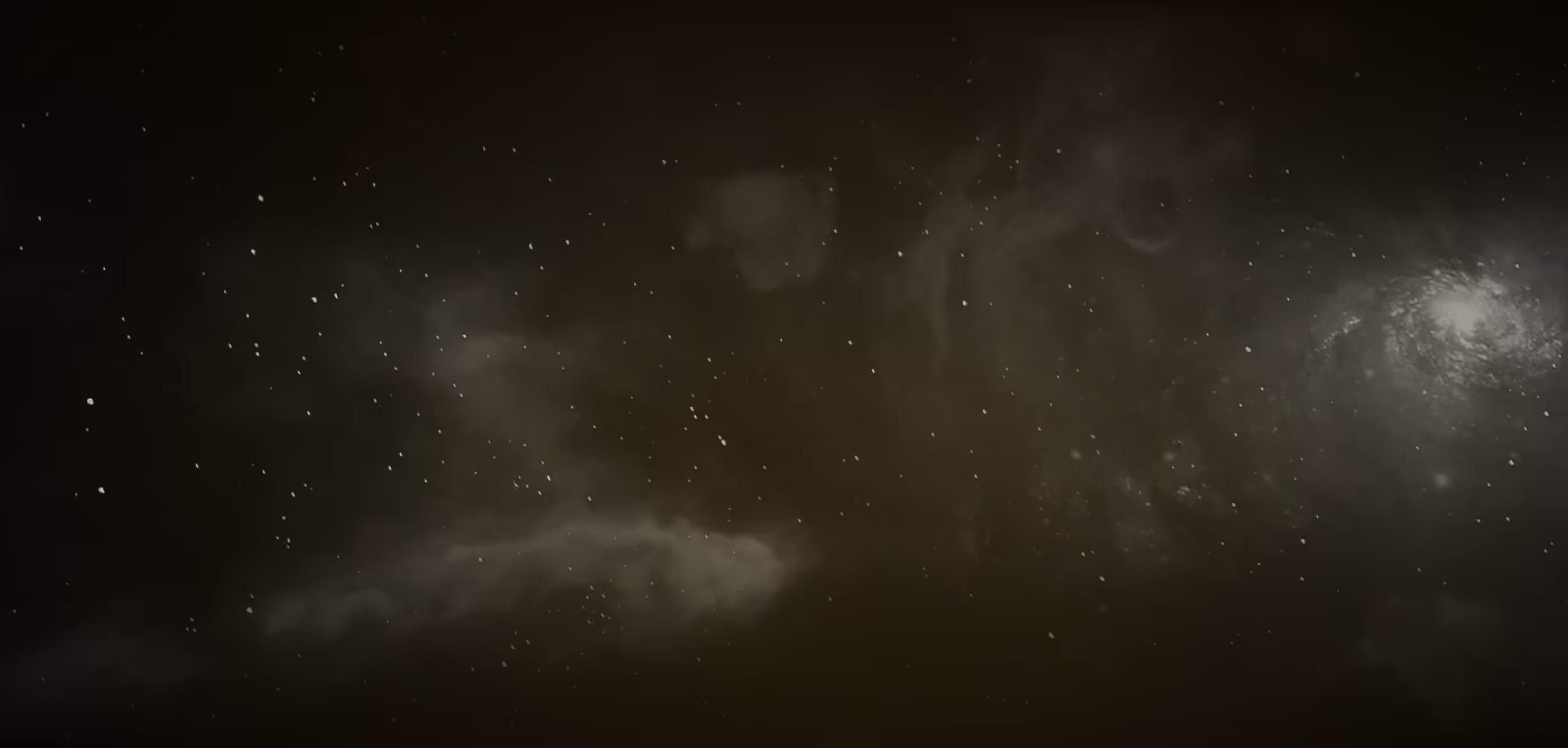 Dark space scene with scattered stars and a bright spiral galaxy on the right.