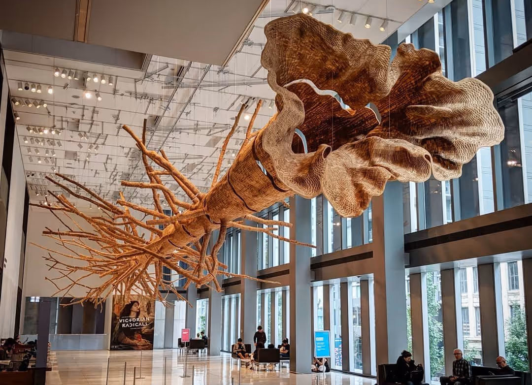 Large woven wooden sculpture resembling a tree branch suspended in a modern museum lobby.