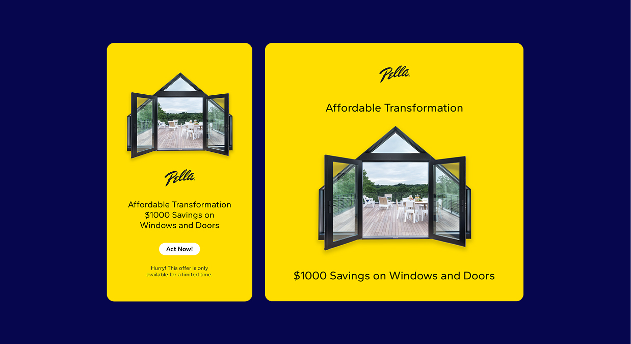 Two yellow ads showing open Pella windows and $1000 savings on windows and doors offer.