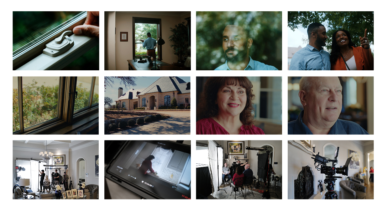 Collage of images showing window locking, people inside homes, a house exterior, and a video interview setup.