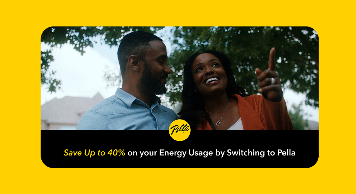 Smiling couple outdoors with text promoting saving 40% on energy usage by switching to Pella.